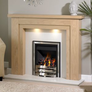 Benidorm oak effect fireplace mantel with marble back panel and hearth installed with gas fire