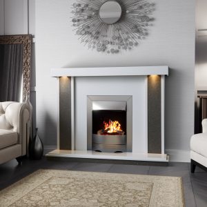 Dallas 56" contrast micro marble fireplace suite shown in white and grey