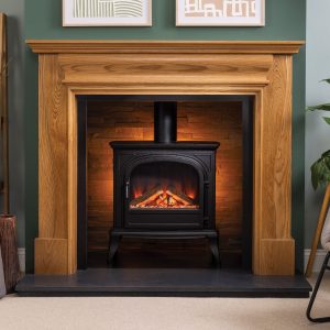 Charlotte solid wood oak fireplace mantel with chamber, granite hearth and black inglenook trim