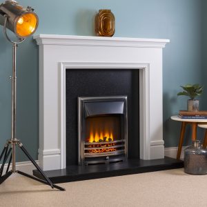 Derry white painted mantel with black granite back panel and hearth and inset fire