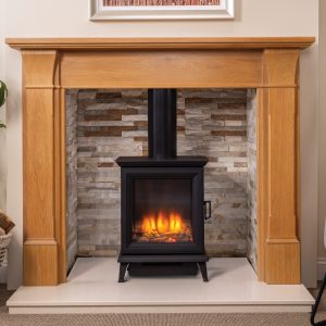 Jennifer solid wood oak fireplace mantel with oyster slate chamber and marble hearth
