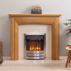 Solid oak matlock fireplace with beige back panel and hearth with inset electric fire